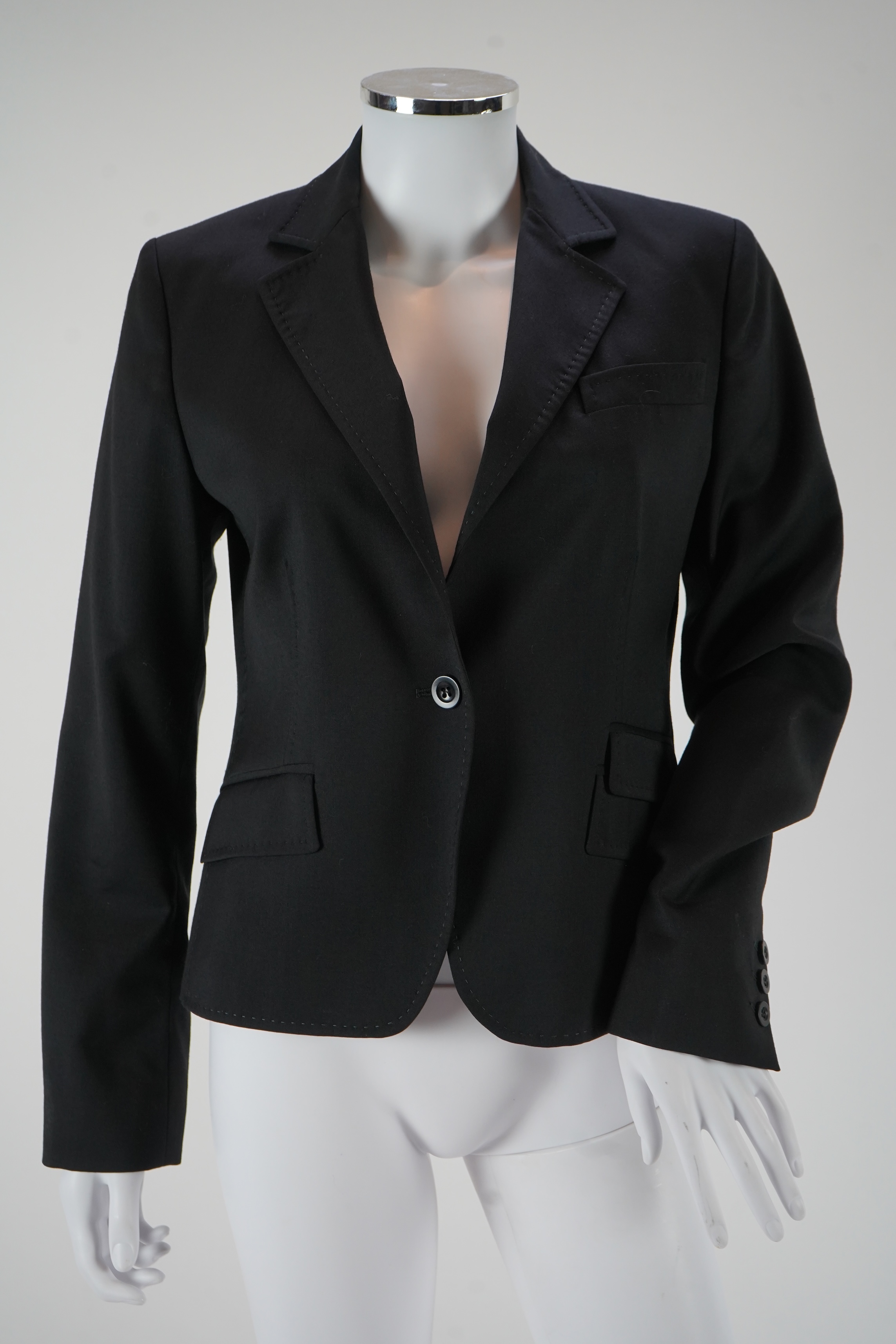 A black Paul Smith Black label black wool jacket lined with the signature stripe, EU 42